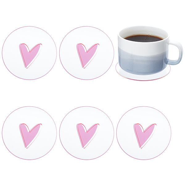 PandaHall FINGERINSPIRE 6 Pcs Circle Acrylic Coaster 3.7 inch in Diameter Round Pink Heart Pattern Coaster Acrylic Cup Mats Clear Coffee Cup...