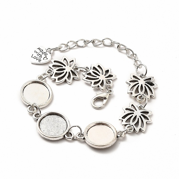 

PandaHall Alloy Bracelets & Anklets Making, Lotus Link Bracelet with Heart Charm, Blank Cabochon Setting, Antique Silver, 9-1/8 inch(23cm)...