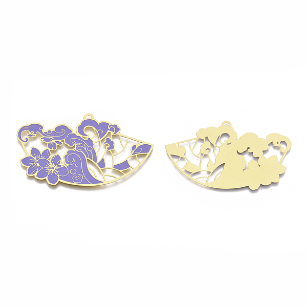

PandaHall Brass Enamel Big Pendants, Etched Metal Embellishments, Matte Gold Color, Fan with Flower, Lilac, 42x70x0.3mm, Hole: 1.6mm..., Purple