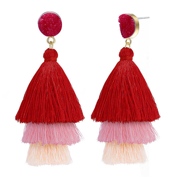 

PandaHall SHEGRACE Brass Stud Earrings, Dangle Earrings, with Resin and Tassel Pendants, Red, 88mm Resin Red