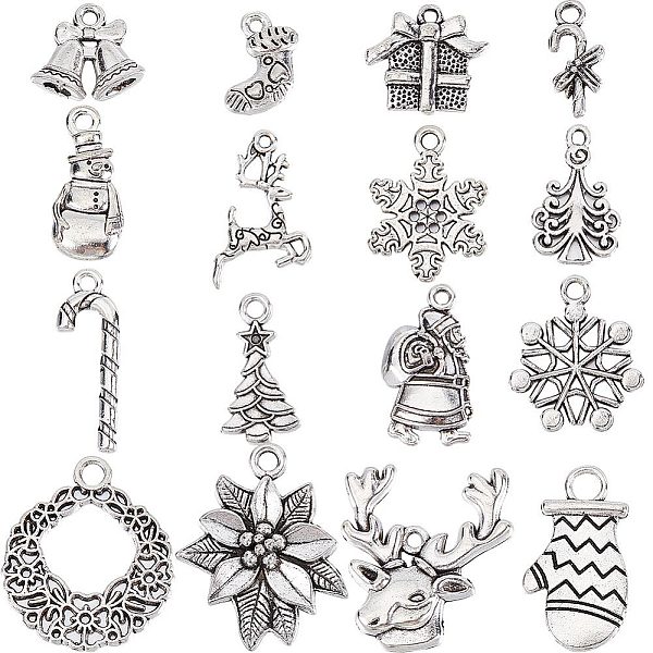 

PandaHall SUNNYCLUE 1 Box 64Pcs 16 Style Christmas Charm Bulk Silver Christmas Charm Tibetan Alloy Candy Snowflake Snowman Xmas Christmas...