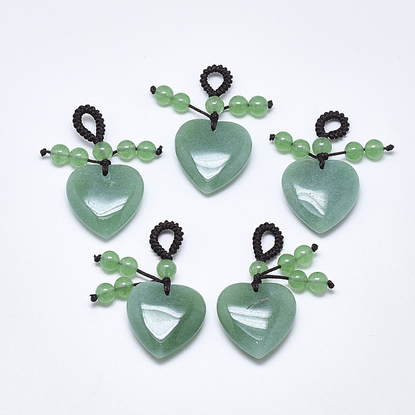PandaHall Natural Green Aventurine Pendants, with Braided Nylon Cord, Heart, 45~50mm, Hole: 5~7mm Green Aventurine Heart
