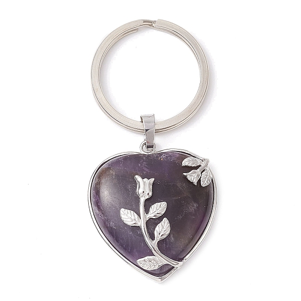 

PandaHall Natural Amethyst & Brass Heart Pendant Keychains, with Iron Split Key Rings, 7cm, Pendants: 36x33x10mm Amethyst Heart