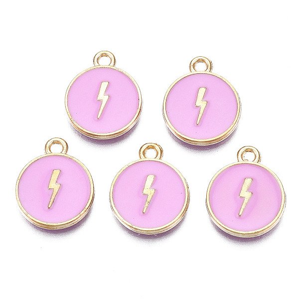 

PandaHall Alloy Enamel Pendants, Cadmium Free & Nickel Free & Lead Free, Light Gold, Flat Round with Lightning Bolt, Pearl Pink, 16x13x2mm...