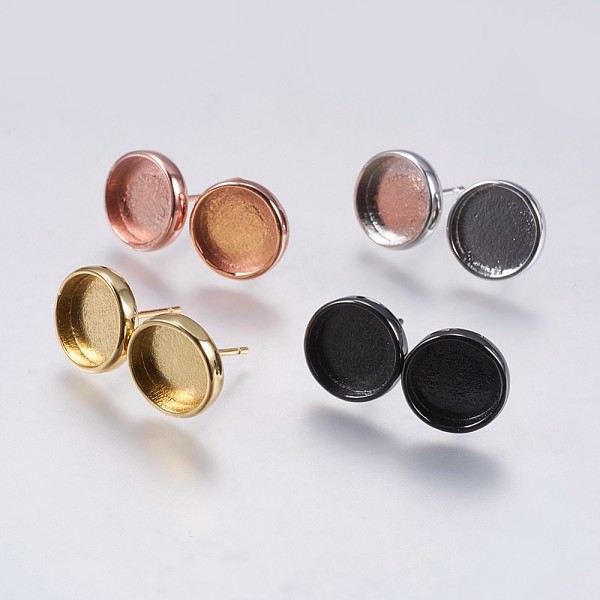 

PandaHall Brass Stud Earring Settings, Flat Round, Mixed Color, Tray: 10mm, 15x11.6mm, Pin: 0.8mm Brass Flat Round