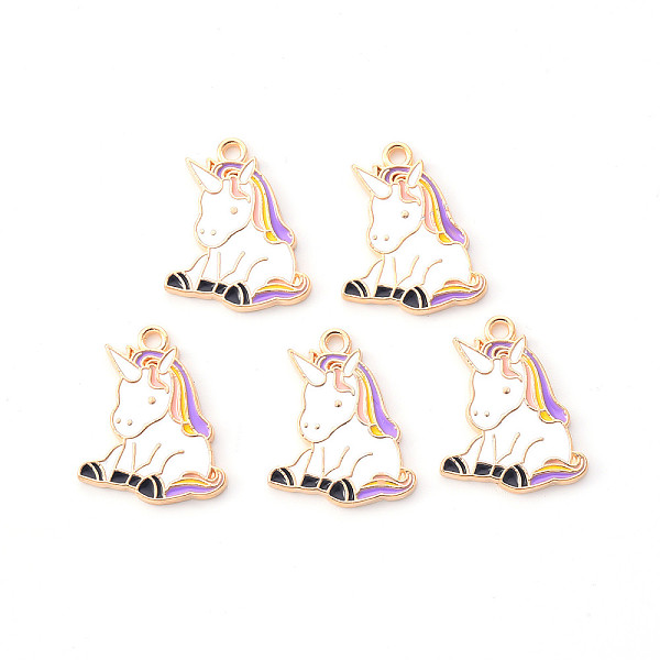 PandaHall Alloy Enamel Pendants, Unicorn, Light Gold, White, 22x18x3mm, Hole: 1.8mm Alloy+Enamel Unicorn White