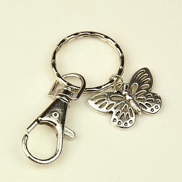 

PandaHall Tibetan Style Butterfly Keychain, with Iron Key Clasp Findings and Alloy Swivel Clasps, Platinum, 76mm Alloy Butterfly