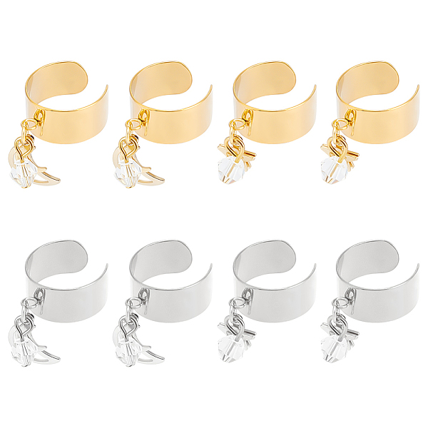

PandaHall 8Pcs 4 Style 304 Stainless Steel Open Cuff Rings Set, with Hollow Moon & Star Charms, Golden & Stainless Steel Color, Inner...