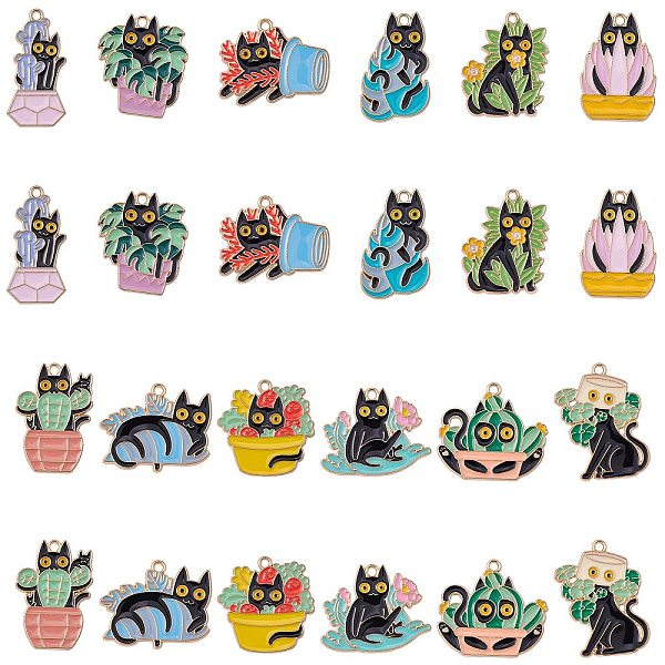 

PandaHall 24Pcs 12 Style Alloy Enamel Pandants, for Halloween, Cat with Plant Charm, Light Gold, 22~30x15~28x1~1.5mm, Hole: 1.6~2mm...