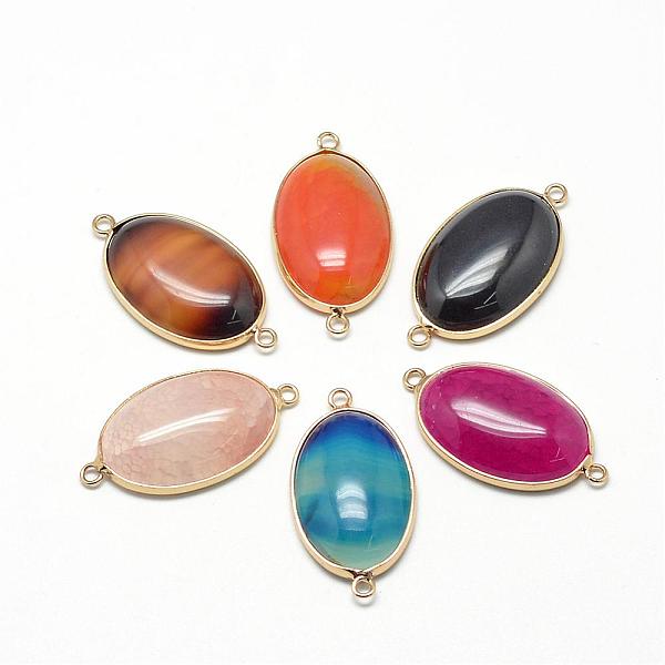

PandaHall Natural Agate Links connectors, with Brass Findings, Dyed, Oval, Mixed Color, 39x21x7~8mm, Hole: 2mm Natural Agate Oval Multicolor