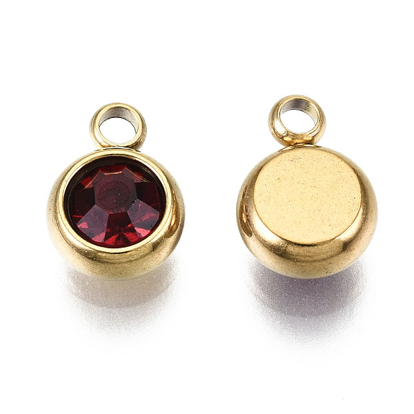 

PandaHall Vacuum Plating 201 Stainless Steel Rhinestone Charms, Birthstone Charms, Flat Round, Real 18K Gold Plated, Garnet, 8.5x6x3mm, Hole..., Red