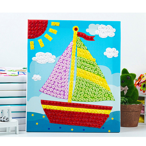 PandaHall Creative DIY Ship Pattern Resin Button Art, with Canvas Painting Paper and Wood Frame, Educational Craft Painting Sticky Toys for...