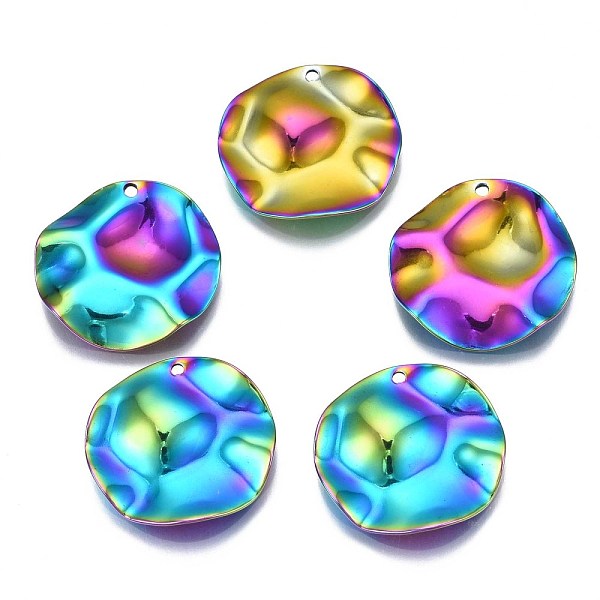 

PandaHall 201 Stainless Steel Pendants, Cadmium Free & Nickel Free & Lead Free, Water Ripple, Flat Round, Rainbow Color, 22x3mm, Hole: 1.2mm...