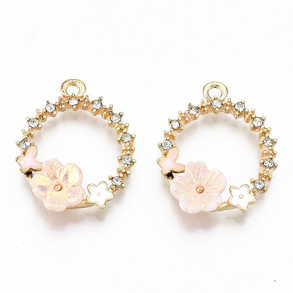 

PandaHall Alloy Enamel Pendants, with Crystal Rhinestone and Resin, Cadmium Free & Lead Free, Ring with Flower & Butterfly, Light Gold, Pink...