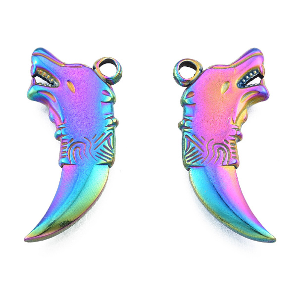 

PandaHall Ion Plating(IP) 201 Stainless Steel Pendants, Wolf, Rainbow Color, 30.5x14x3mm, Hole: 2.5mm 201 Stainless Steel Other Animal