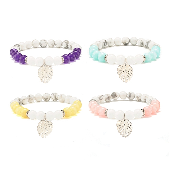 

PandaHall Natural Malaysia Jade(Dyed) & Howlite Round Beads Stretch Bracelet with Leaf Charm for Women, Mixed Color, Inner Diameter: 2-1/8..., Multicolor