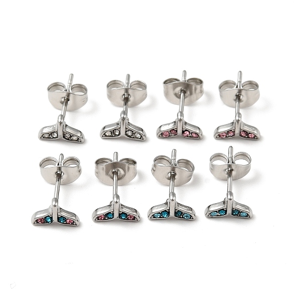 

PandaHall Rhinestone Whale Tail Shape Stud Earrings with 316 Surgical Stainless Steel Pins, Stainless Steel Color Plated 304 Stainless Steel..., Multicolor