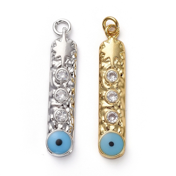 

PandaHall Brass Micro Pave Clear Cubic Zirconia Pendants, with Enamel and Jump Rings, Long Oval with Evil Eye, Mixed Color, 34x7x3.5mm, Hole...