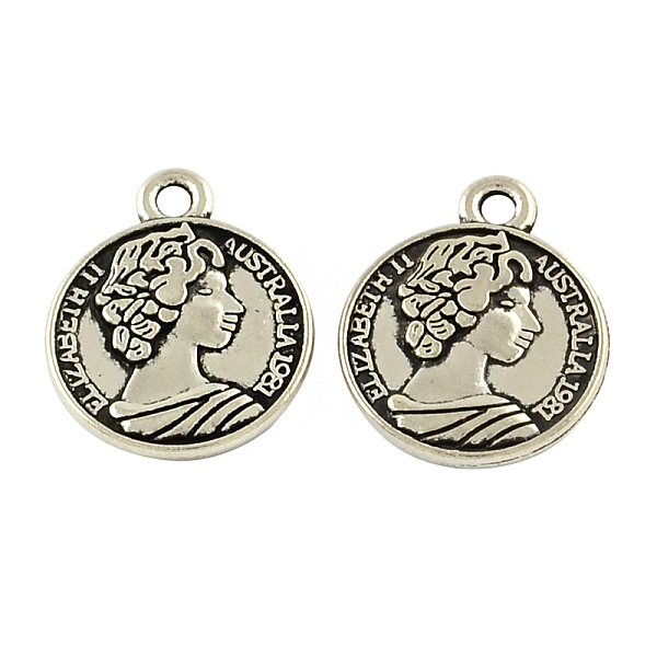 PandaHall Feng Shui Tibetan Style Zinc Alloy Coin Pendants, Flat Round Carved Queen Elizabeth II, Cadmium Free & Lead Free, Antique Silver...