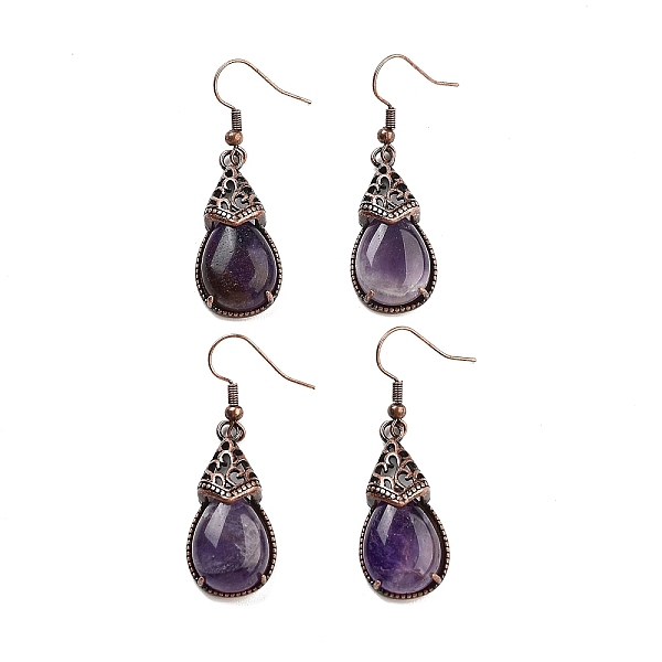 

PandaHall Natural Amethyst Teardrop Dangle Earrings, Red Copper Plated Brass Earrings for Women, 48x15mm Amethyst Teardrop