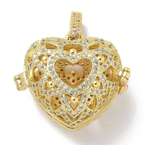 Rack Plating Brass Micro Pave Clear Cubic Zirconia Bead Cage Pendants, Hollow Heart Cage Charms for Chime Ball Pendant Necklaces Making, Long-Lasting Plated, Lead Free & Cadmium Free, Real 18K Gold Plated, 25x28x17mm, Hole: 3x6.5mm, Inner...