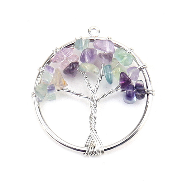 

PandaHall Natural Fluorite Tree fo Life Pendants, Iron Ring Chip Gems Tree Charms, Platinum, 30mm Fluorite Tree of Life