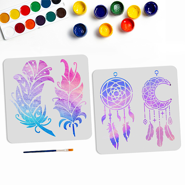 MAYJOYDIY 2pcs Feather Dream Catcher Stencils Feather Stencils Moon Dream Catcher Painting Stencil 11.8×11.8inch For Painting On Walls...