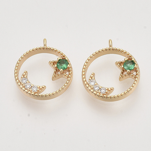 

PandaHall Brass Micro Pave Cubic Zirconia Charms, Real 18K Gold Plated, Flat Round with Star and Moon, Nickel Free, Green, 13.5x11.5x3mm...