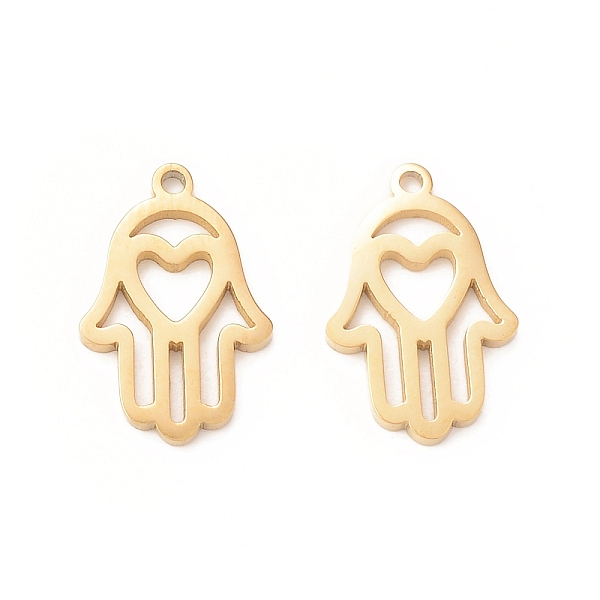 

PandaHall 304 Stainless Steel Pendants, Hamsa Hand/Hand of Miriam, Real 18K Gold Plated, 13x8.5x1mm, Hole: 0.9mm 304 Stainless Steel Palm