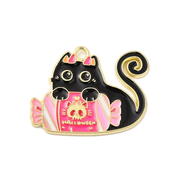 

PandaHall Halloween Theme Alloy Enamel Pendants, Light Gold, Cat Charm, Candy Pattern, 28x23x1.5mm, Hole: 2mm Alloy+Enamel Candy