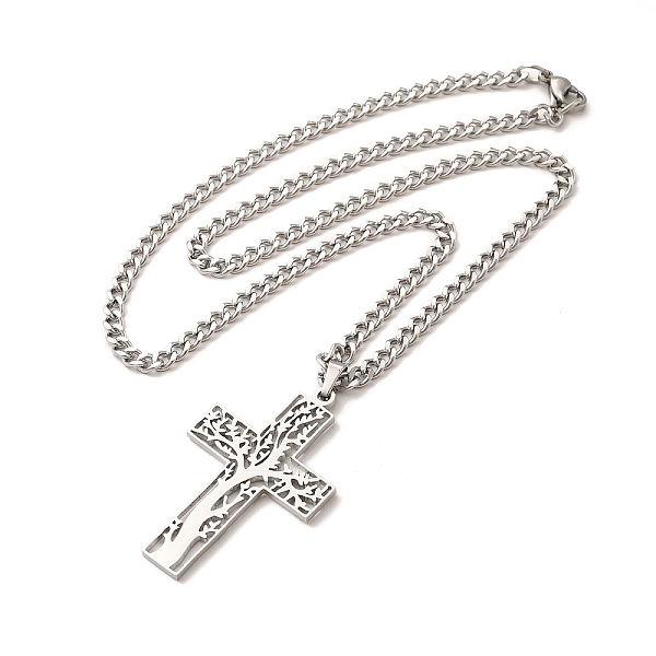 

PandaHall 304 Stainless Steel Cross with Tree of Life Pendant Necklaces, Curb Chain Necklace with Lobster Clasps, Stainless Steel Color...