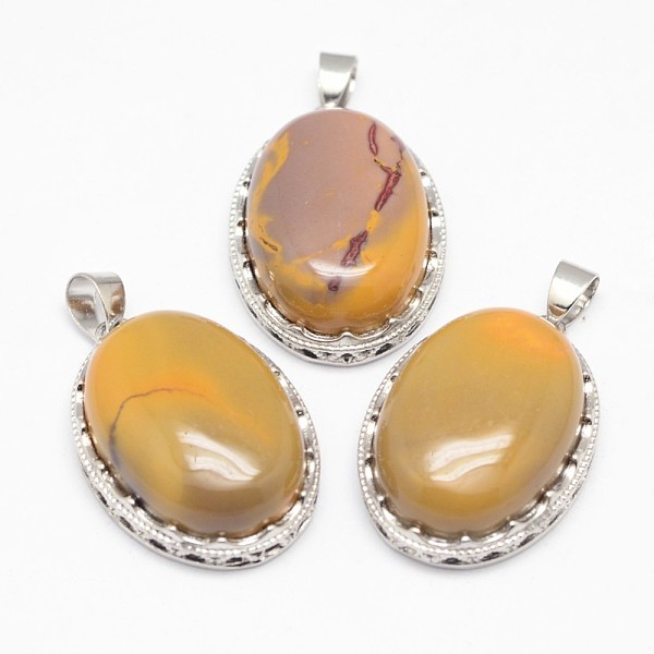 

PandaHall Natural Mookaite Pendants, with Brass Findings, Oval, Platinum, 30x21x10~11mm, Hole: 6x4mm Mookaite Oval