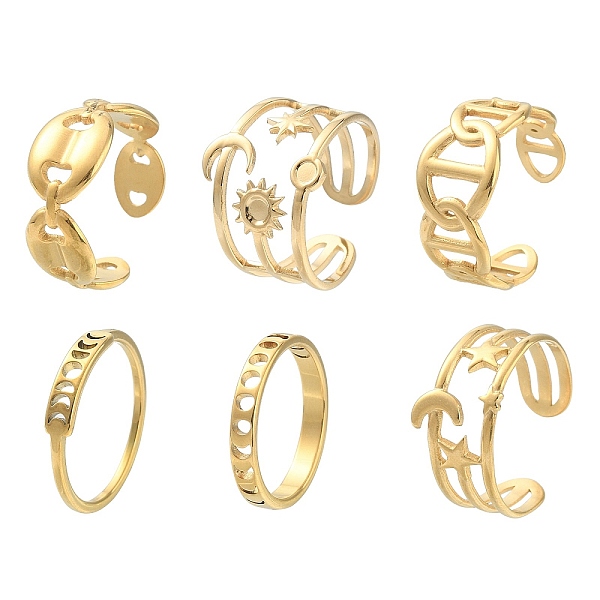

PandaHall 6Pcs 6 Style Star & Moon & Coffee Bean 304 Stainless Steel Finger Ring Sets for Women, Golden, US Size 7(17.3mm)~US Size 8 3/4...