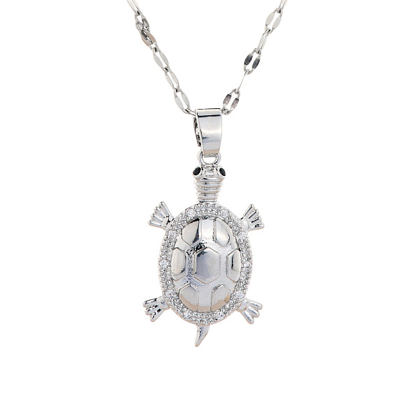 Brass Clear Cubic Zirconia Shiny Tortoise Pendant Dapped Chain Necklaces for Women