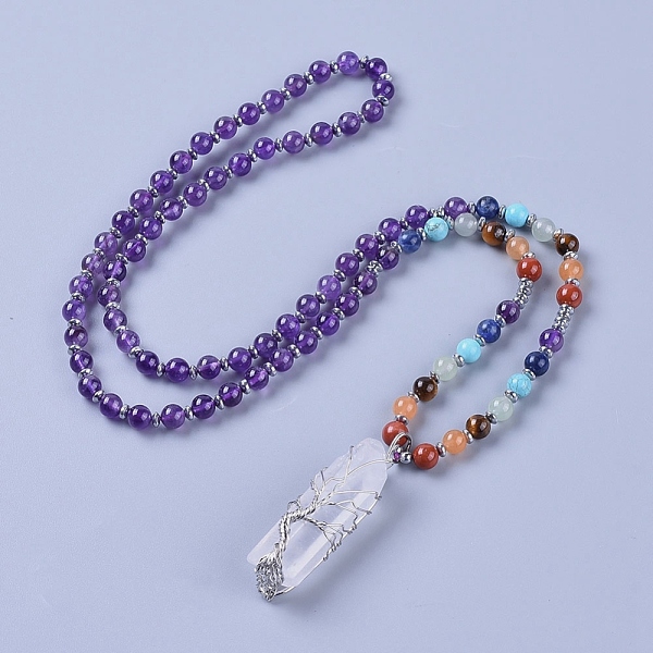 

PandaHall Natural Amethyst Pendant Necklace, with Quartz Crystal Pendant and Brass Findings, 28.3 inch(72cm), beads: 4~6.5mm, pendant...