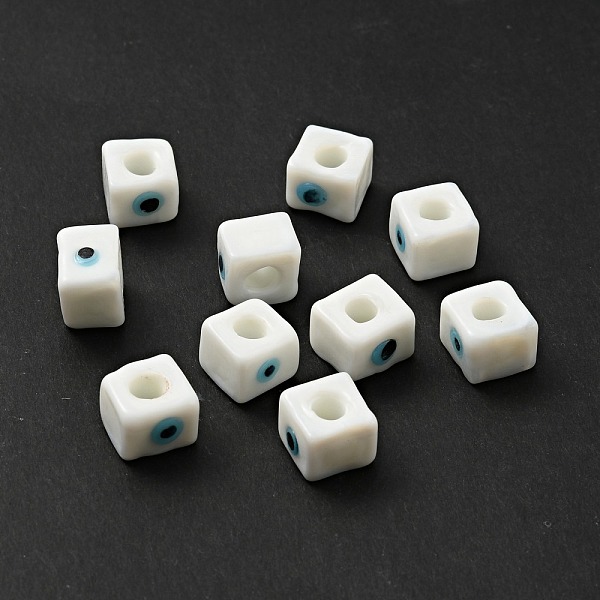

PandaHall Handmade Evil Eye Lampwork European Beads, Large Hole Beads, Cube, White, 8~9x9~10x9~10mm, Hole: 4.3mm Lampwork Cube White