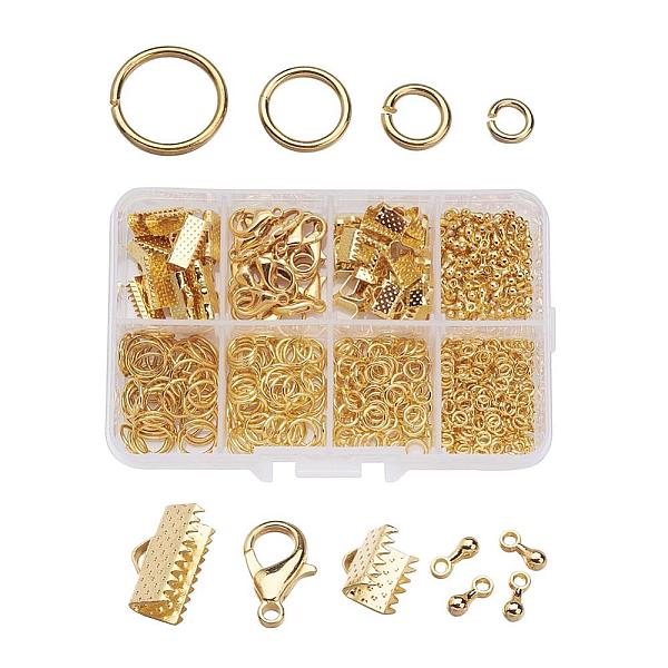 1Box Jewelry Findings 20PCS Alloy Lobster Claw Clasps, 45PCS Iron Ribbon Ends, 40g Brass Jump Rings, 10g Alloy Teardrop End Pieces, Golden, Lobster Clasps: 14x8mm, Hole: 1.8mm, Ribbon Ends: 8-13x6-7x5mm, Hole: 2mm, Jump Rings: 4-10mm, End...