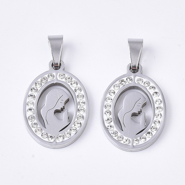 

PandaHall 201 Stainless Steel Pendants, for Mothers' Day, with Random Size Snap On Bails and Polymer Clay Crystal Rhinestones, Oval with Mom..., Clear