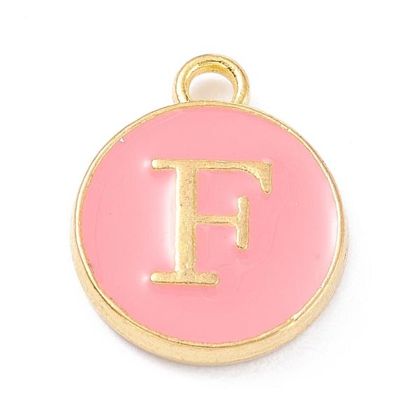 

PandaHall Golden Plated Alloy Enamel Charms, Enamelled Sequins, Flat Round with Alphabet, Letter.F, Pink, 14x12x2mm, Hole: 1.5mm...