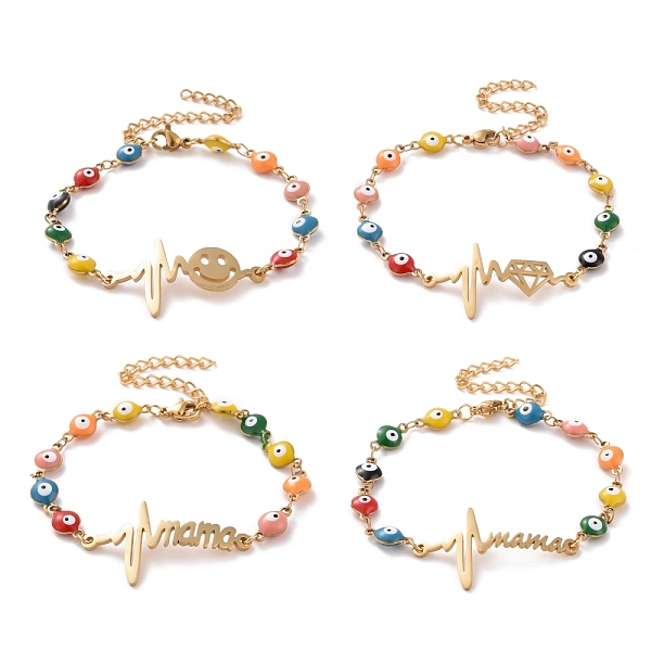 

PandaHall Vacuum Plating 304 Stainless Steel Heart Beat Link Bracelet, Colorful Enamel Evil Eye Chains Bracelet for Women, Golden, 6-3/4...