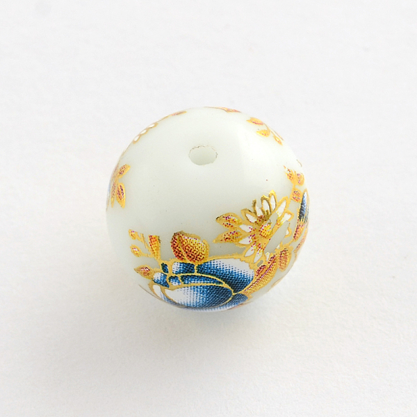 

PandaHall Flower Picture Glass Round Beads, with Gold Metal Enlaced, Steel Blue, 14x13mm, Hole: 1.5mm Glass Flower Blue