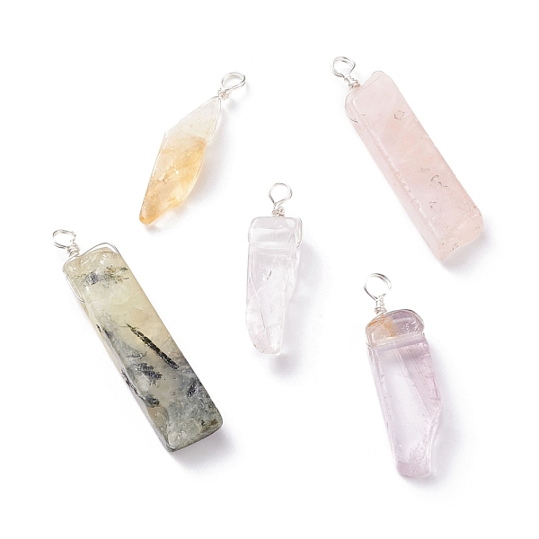 

PandaHall Natural Mixed Quartz Pendants, Twisted with Silver Tone Copper Wire, Rectangle, 35.5~53x9~11x6~8.5mm, Hole: 3~4mm Quartz Rectangle