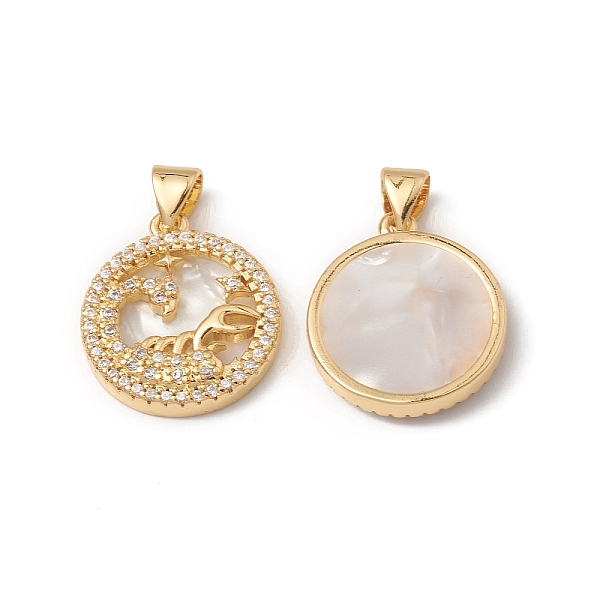 

PandaHall Rack Plating Brass Shell Pendants, with Cubic Zirconia & Natural Shell, Flat Round with Constellation Charms, Cadmium Free & Lead...