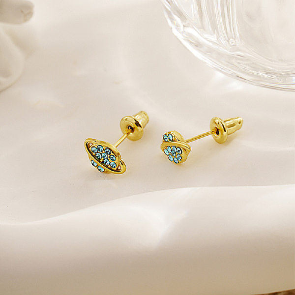 

PandaHall Planet Stainless Steel Stud Earrings, Light Sky Blue Cubic Zirconia Earrings for Women, Real 18K Gold Plated, 6x9mm Stainless...