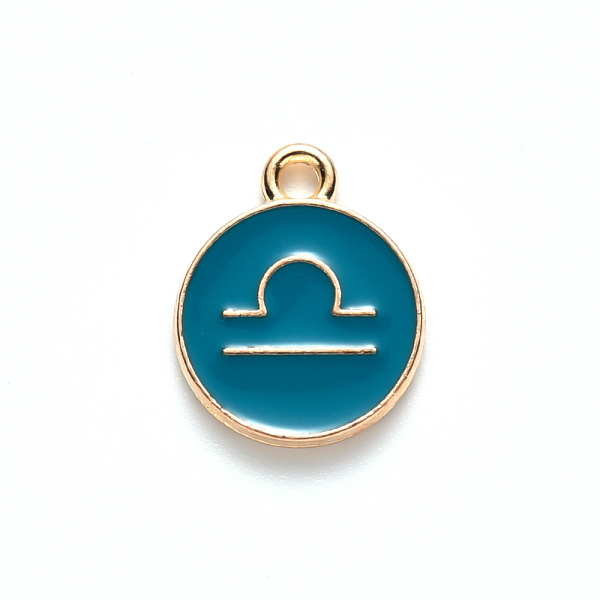 

PandaHall Alloy Enamel Pendants, Cadmium Free & Lead Free, Flat Round with Constellation, Light Gold, Dark Cyan, Libra, 15x12x2mm, Hole...