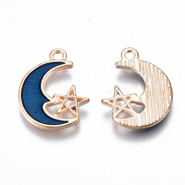 

PandaHall Alloy Enamel Pendants, Cadmium Free & Lead Free, Moon with Star, Marine Blue, 19.5x15.5x1.5mm, Hole: 1.8mm Alloy+Enamel Moon