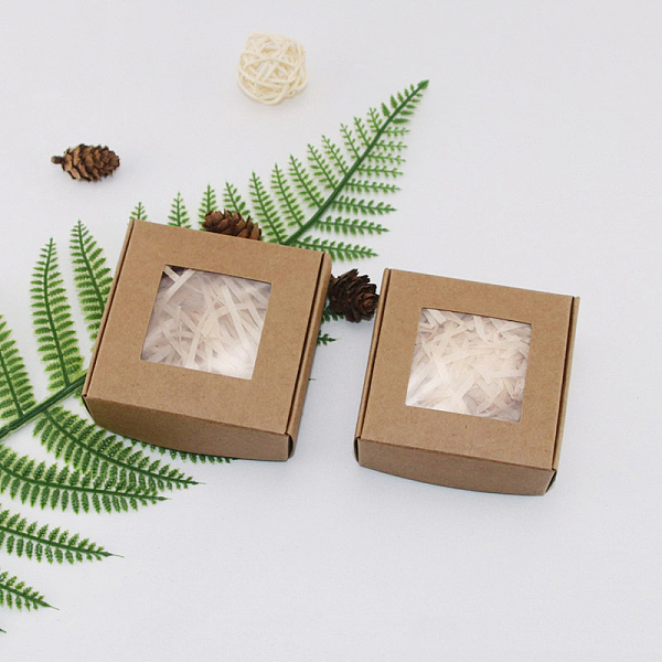 

PandaHall Square Paper Boxes with Clear Window, for Soap Packaging, Peru, 6.5x6.5x3cm Paper Square Brown
