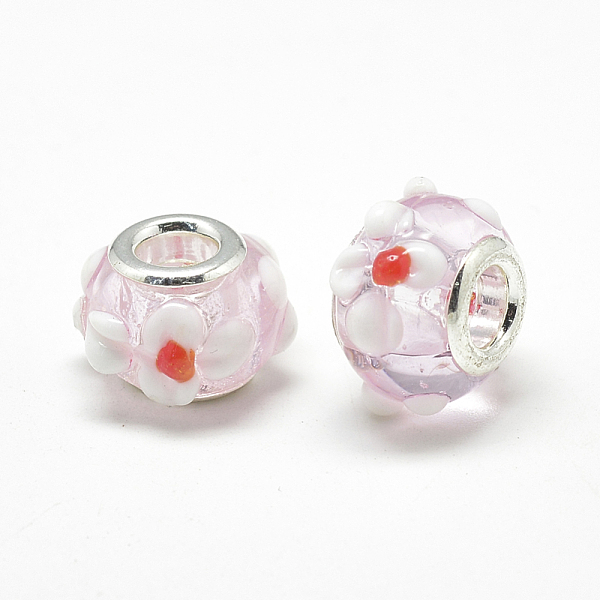 

PandaHall Handmade Lampwork European Beads, Bumpy Lampwork, with Platinum Brass Double Cores, Large Hole Beads, Rondelle with Flower, Pink...