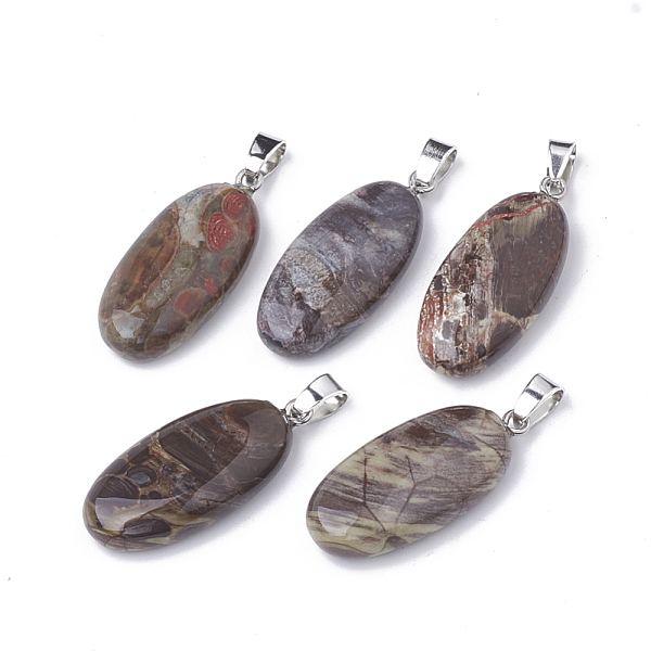 

PandaHall Natural Flower Agate Pendants, with Iron Snap On Bails, Oval, Platinum, 34~35x15~16x6~7mm, Hole: 4x5mm Flower Agate Oval