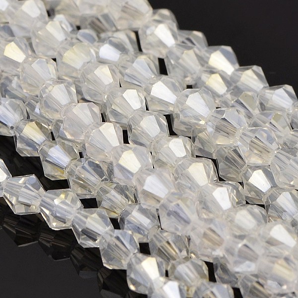

PandaHall Faceted Bicone Electroplate Glass Beads Strands, AB Color Plated, Ghost White, 4x4.5mm, Hole: 1mm, about 82~85pcs/strand...